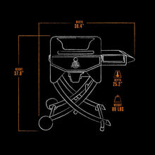 Outline of a portable grill with wheels; 38.4"W x 37.6"H x 25.2"D, weighs 80 lbs. Black background, orange text.