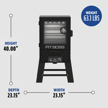 Pit Boss vertical smoker, black, glass door, 40" H x 23.15" W x 23.15" D, weighs 63.1 lbs.