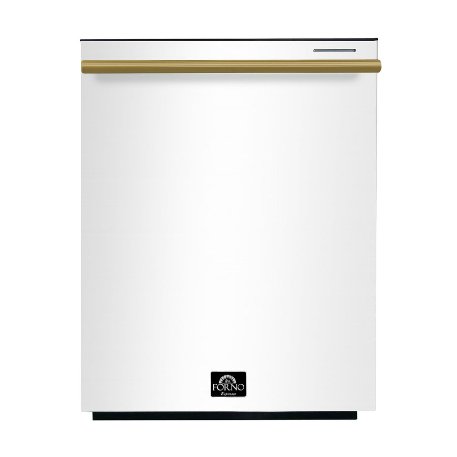 FORNO Pozzo 24-Inch Built-In Dishwasher, White with Antique Brass Handles (Model FDWBI8067-24WHT)