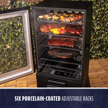 Black vertical smoker with six porcelain-coated adjustable racks, filled with assorted meats and vegetables.