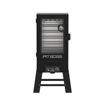 Black vertical smoker with glass door, multiple racks, digital control panel, and "PIT BOSS" branding on the front.