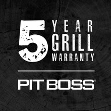 Pit Boss 5-year grill warranty logo on a dark wood background, bold white text for easy readability.