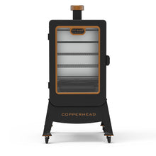 Black Pit Boss Copperhead smoker with glass door and wheels.