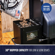 Black pellet smoker with 30LB hopper capacity for low & slow cooking.
