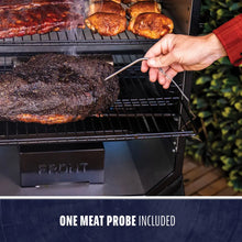 Black smoker with meat probe, cooking ribs and brisket.