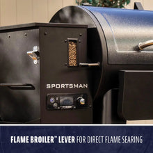 Close-up of a black Sportsman pellet grill with control panel and visible pellet hopper. Features Flame Broiler™ lever.