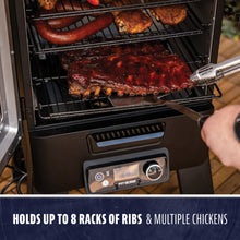 Electric smoker with digital controls, grilling ribs, sausage, and chicken on multiple racks. Holds up to 8 racks of ribs.