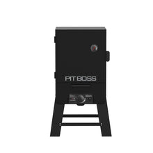 Black Pit Boss vertical smoker with temperature gauge, control knob, and sturdy legs. Compact and modern design.