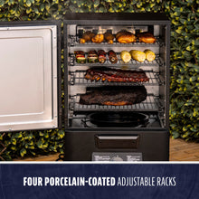 Electric smoker with four porcelain-coated adjustable racks, loaded with assorted meats and vegetables. Door open for easy...