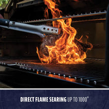 Grill with direct flame searing up to 1000°F, showcasing intense fire cooking.