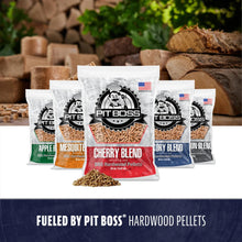 Pit Boss BBQ Hardwood Pellets, assorted blends in colorful bags, for grilling and smoking. Made in the USA.