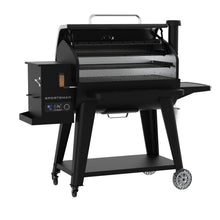 Black Sportsman pellet grill with digital control panel and wheels.