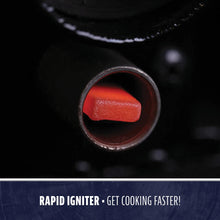 Close-up of a rapid igniter glowing red inside a metal tube. Text: "Rapid Igniter - Get Cooking Faster!"