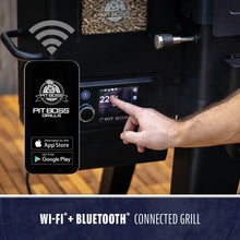 Pit Boss pellet grill with Wi-Fi and Bluetooth control, touchscreen display, and app connectivity for easy grilling.
