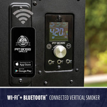Black Pit Boss vertical smoker with Wi-Fi and Bluetooth connectivity.