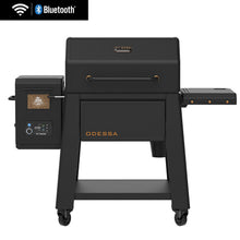 Black Pit Boss Odessa pellet grill with Bluetooth connectivity and digital control panel.