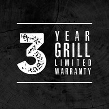 "3-year limited warranty for a grill, black background with white text."