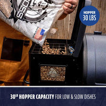 Black FitBoss pellet smoker with 30LB hopper capacity for low & slow dishes.