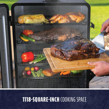 Large vertical smoker with 1118-square-inch cooking space, multiple racks, and assorted meats and vegetables inside.
