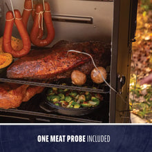 Smoker with hanging sausages, brisket, vegetables, and a meat probe inserted. One meat probe included.