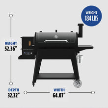 Black pellet grill, 52.36" high, 64.07" wide, 32.32" deep, weighs 184 lbs. Side shelf and wheels for mobility.