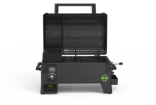 Portable black pellet grill with digital control panel, open lid, grill grates, and sturdy handle. Temperature set to 350°F.