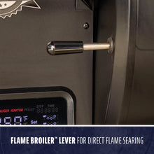 Black flame broiler lever for direct flame searing on pellet grill.