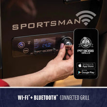 Pit Boss Sportsman grill with Wi-Fi and Bluetooth control, digital display, and app connectivity for smart grilling.