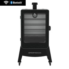 Black vertical electric smoker with glass door, four racks, WiFi and Bluetooth connectivity, labeled "Sportsman."