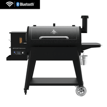 Black pellet grill with WiFi and Bluetooth, side hopper, chimney, control panel, and sturdy wheels for easy movement.