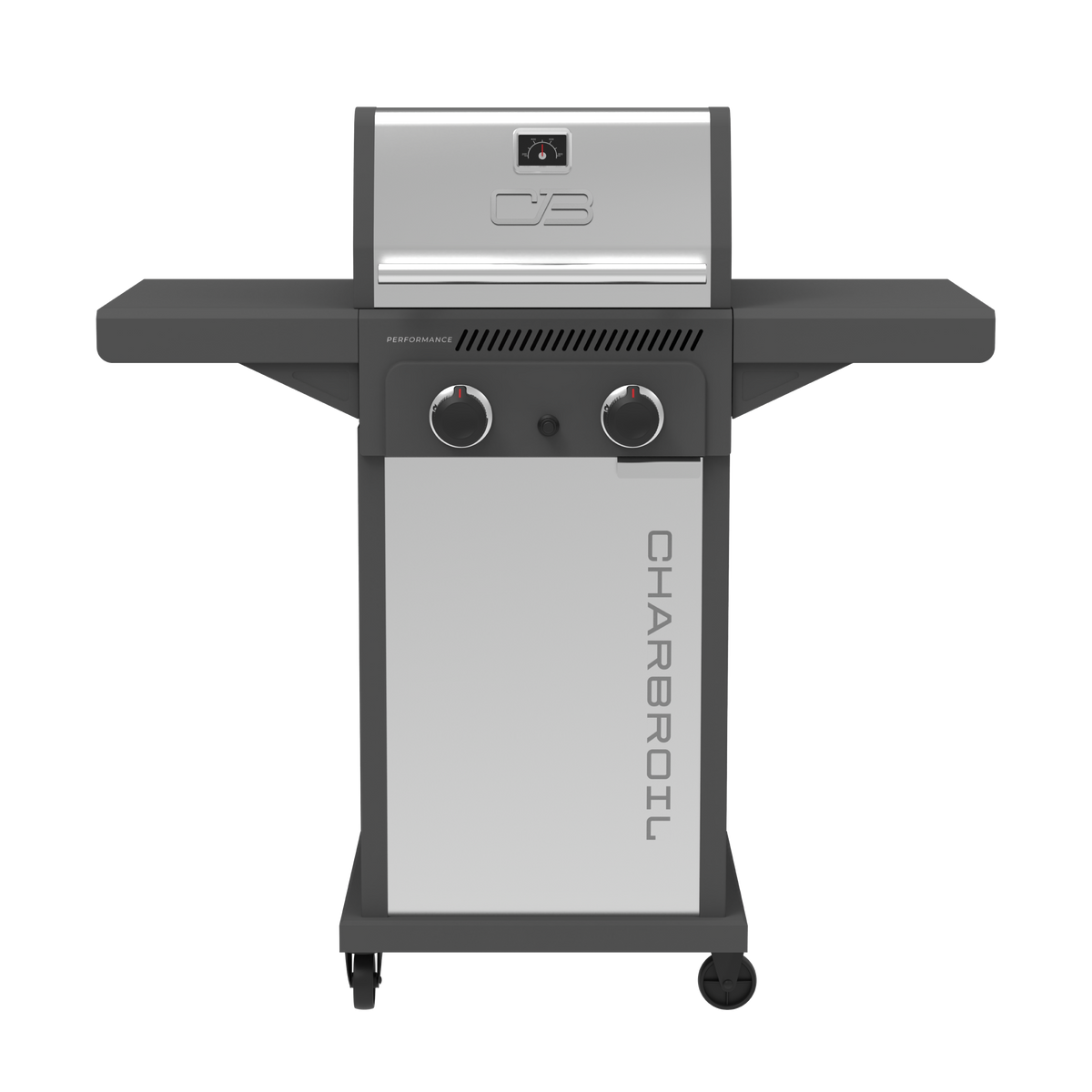Char-Broil Performance Series™ FlavorMax™ 2 Burner Gas Grill Cabinet with Foldable Side Shelves Gray Stainless