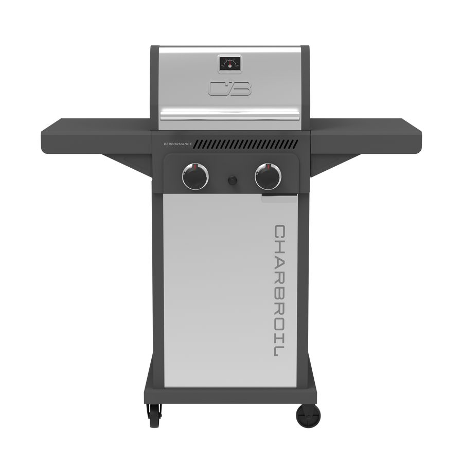 Char-Broil Performance Series™ FlavorMax™ 2 Burner Gas Grill Cabinet with Foldable Side Shelves Gray Stainless