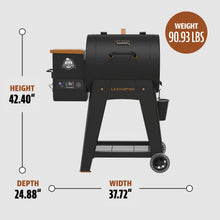 Black Pit Boss Lexington pellet grill, 42.40" height, 37" width, 24.5" depth, 198 lbs weight.